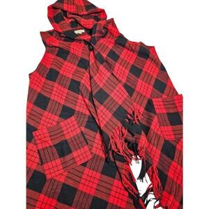 Rewind Red Black Buffalo Plaid Hooded Fringe Vest Scarf Front Plus Size 1X